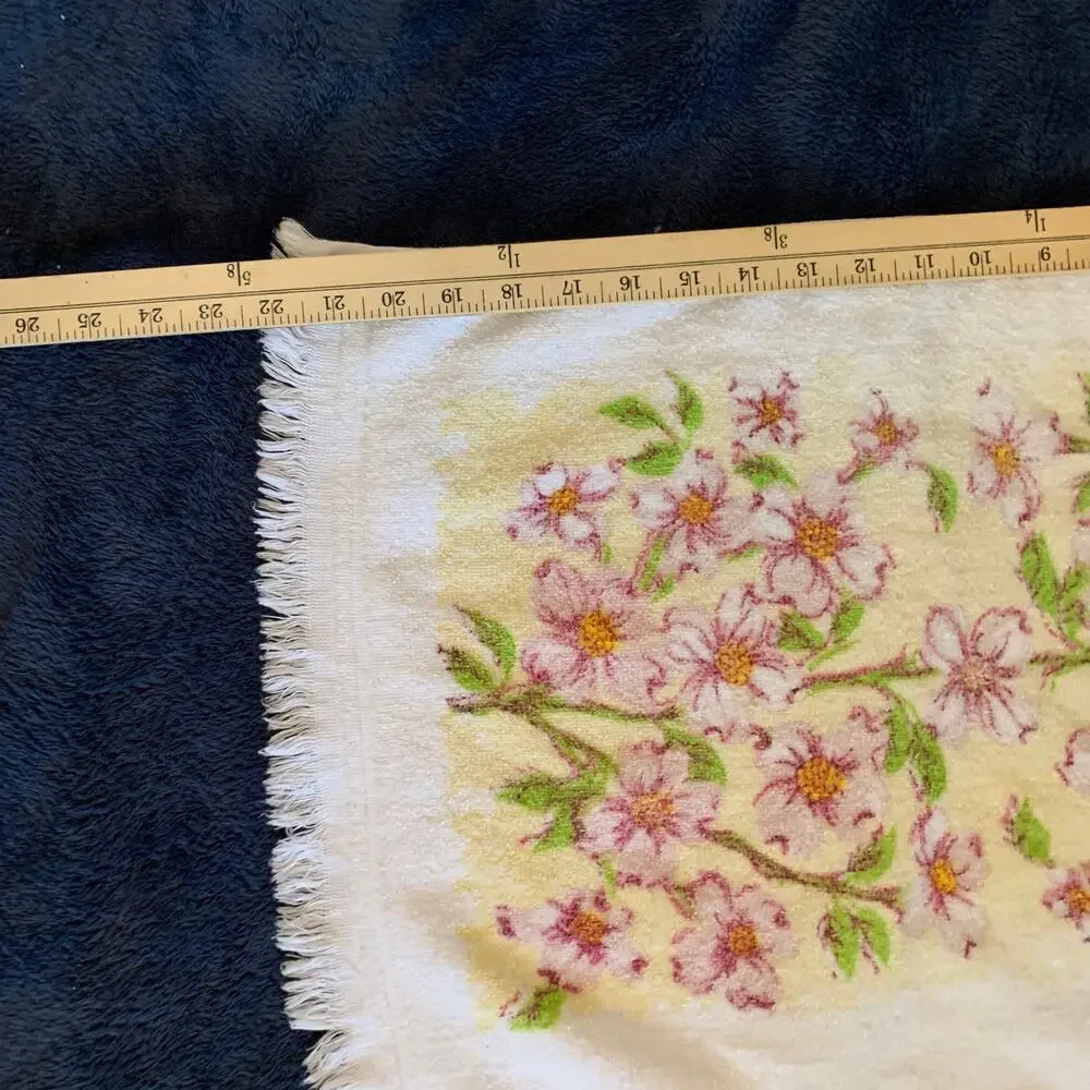 Vtg 70s Floral Bath Hand Dish Towel Purple Green Yellow Fringe Cotton 1970s